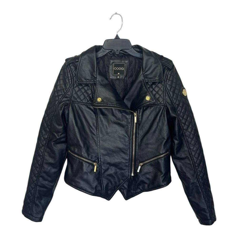 Coogi | Black Faux Leather Quilted Moto Jacket Front Zip Gold Hardware Size M
